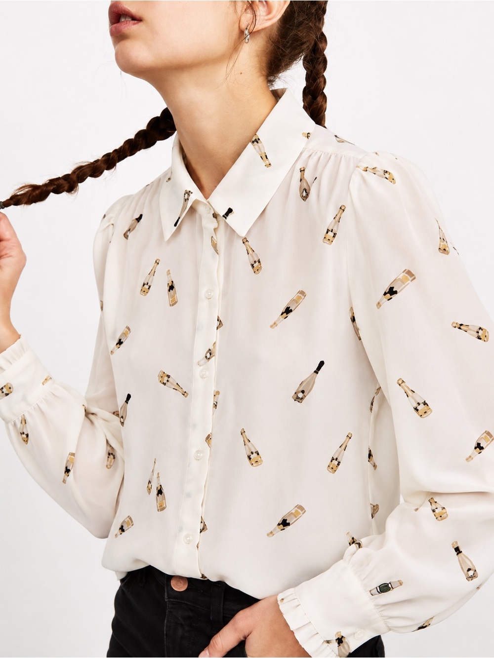 BLOUSOLOGY | White Button-Down Blouse with Gold Champagne Bottle Print